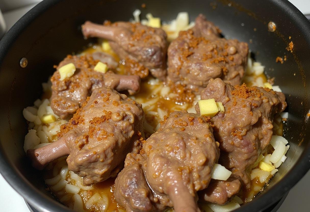 Carne de cabra marinando com cebolas e especiarias para a Chanfana de Cabra Intensa.