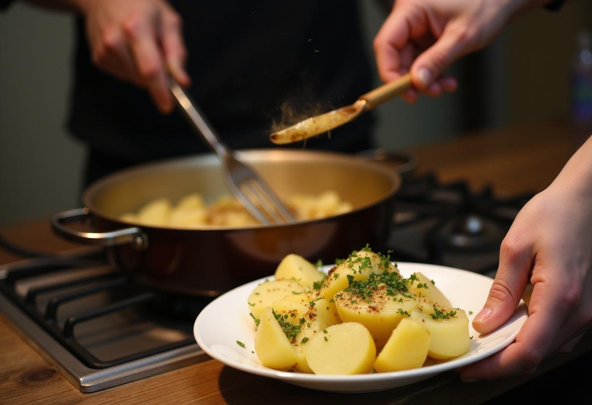 Batatas cozidas a serem preparadas como acompanhamento para a Chanfana de Cabra Intensa.