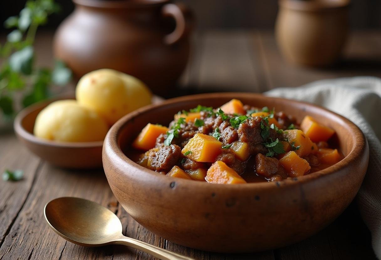 Servindo Chanfana de Cabra Intensa com batatas cozidas numa mesa rústica.