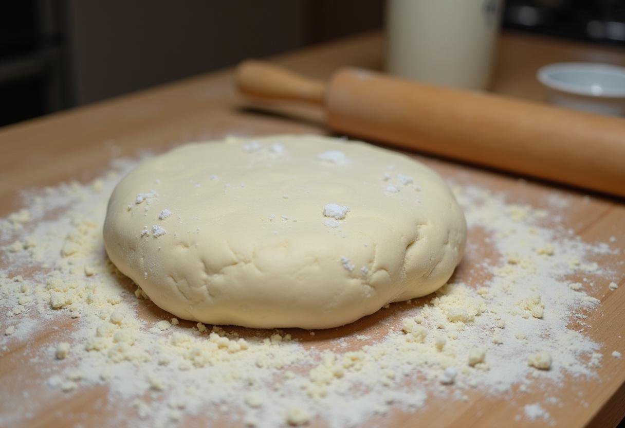 Massa sendo sovada para bisnaguinhas caseiras com farinha ao redor na bancada da cozinha.