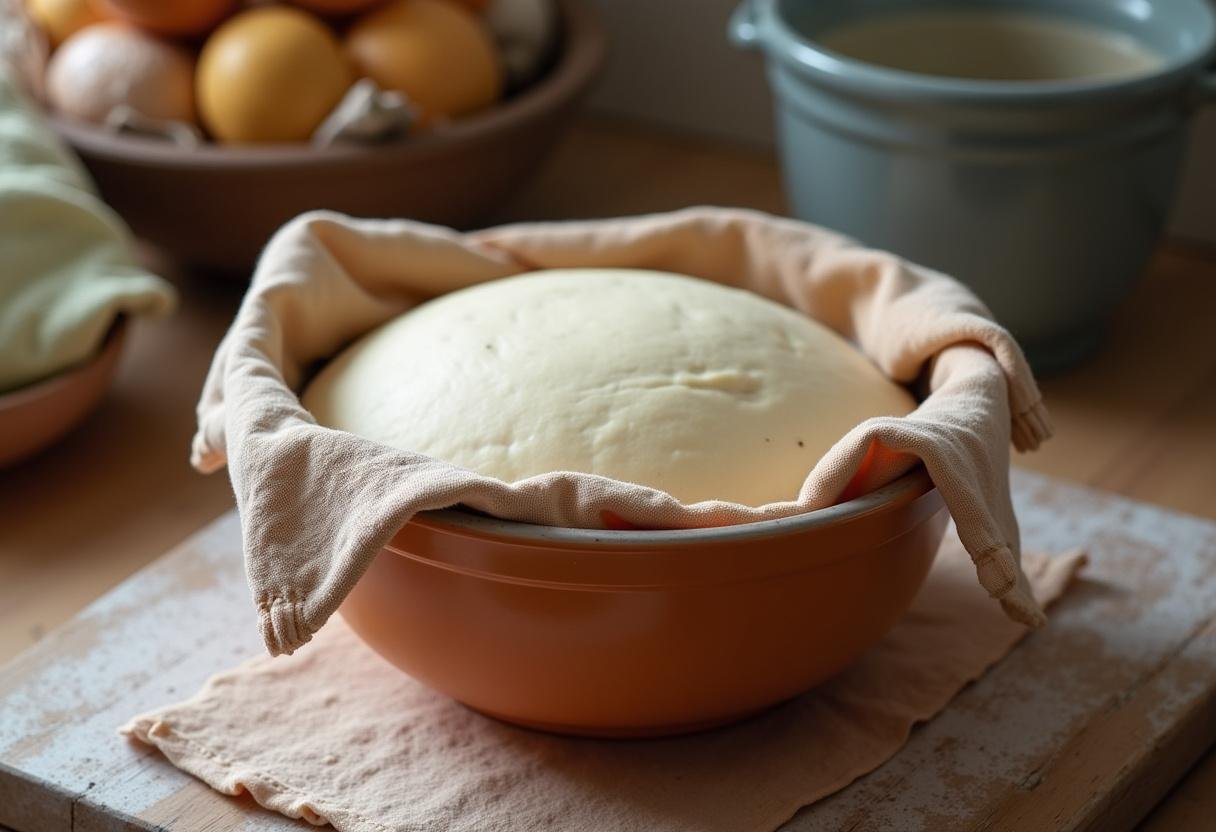 Massa de bisnaguinhas sendo deixada para crescer em uma tigela coberta na cozinha.