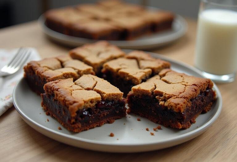 Cookie brownie fácil recém-assado, cortado em quadrados e servido com um copo de leite.