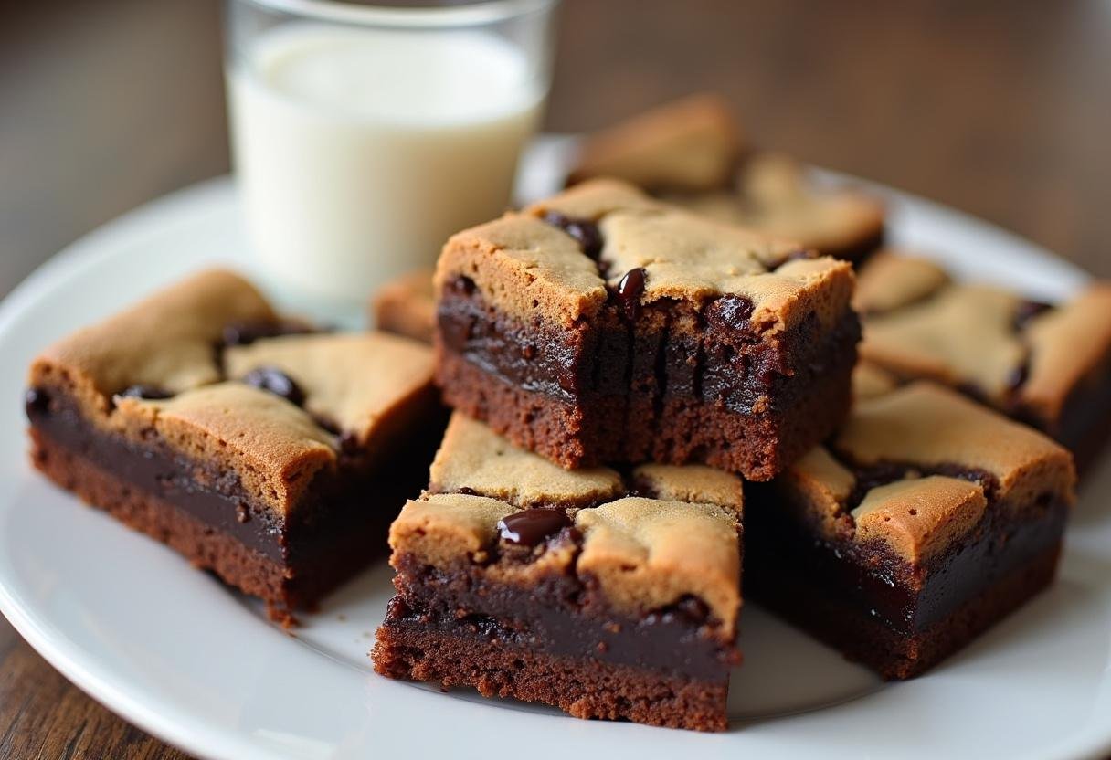 Cookie brownie fácil recém-assado, cortado em quadrados e servido com um copo de leite.