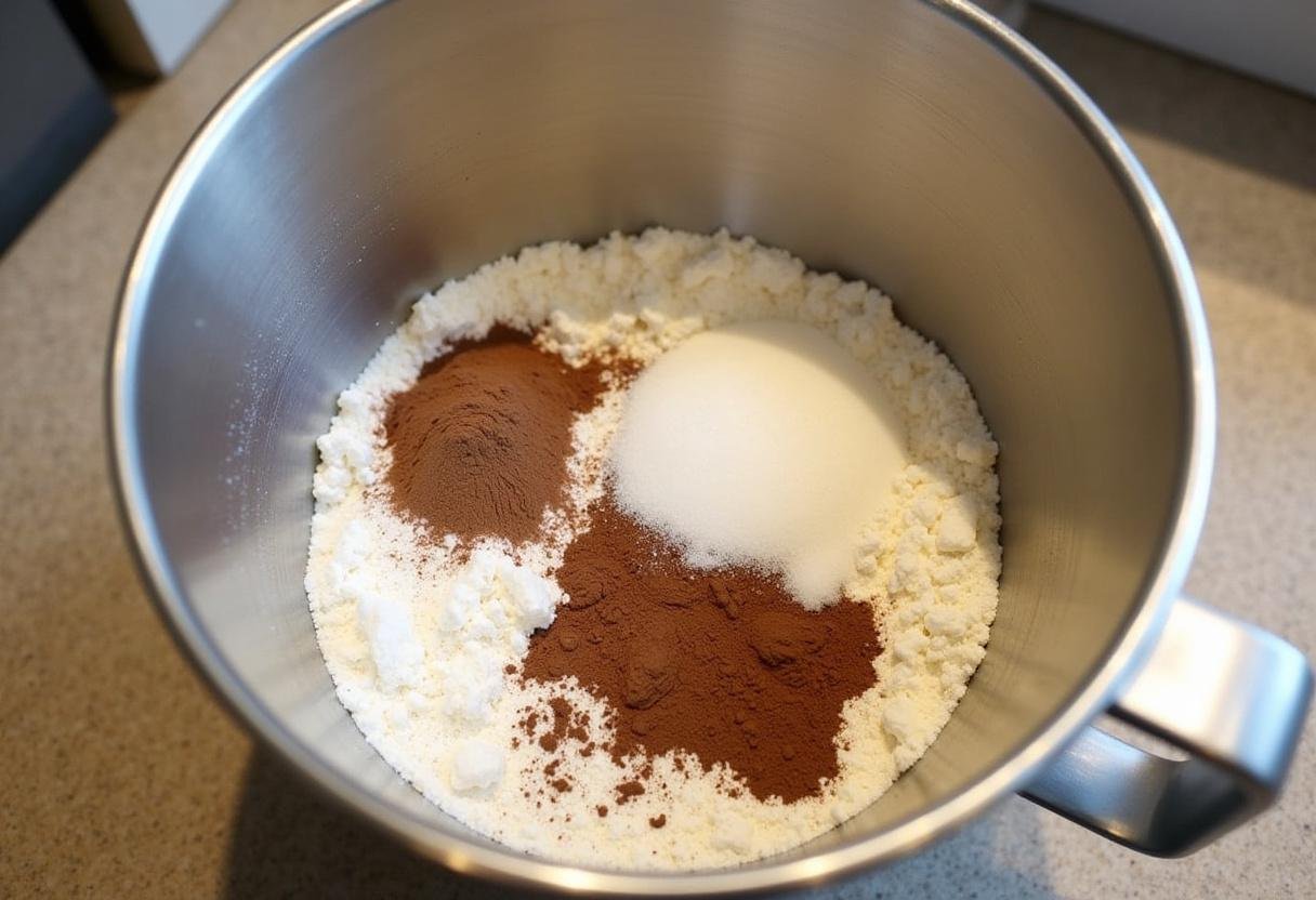 Ingredientes secos como farinha, cacau em pó e açúcar prontos para a massa do cookie brownie fácil.