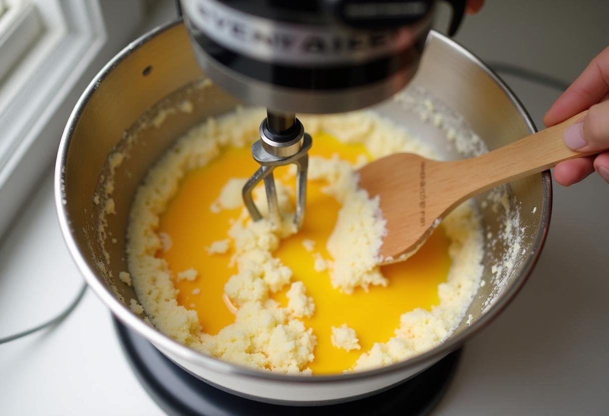Batedeira misturando manteiga derretida, ovos e baunilha para a massa do cookie brownie fácil.