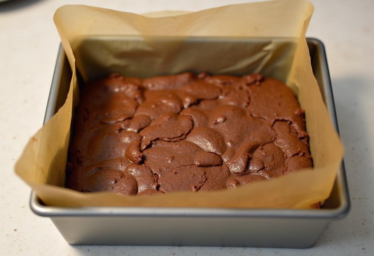 Assadeira untada com a massa do cookie brownie fácil sendo espalhada uniformemente.