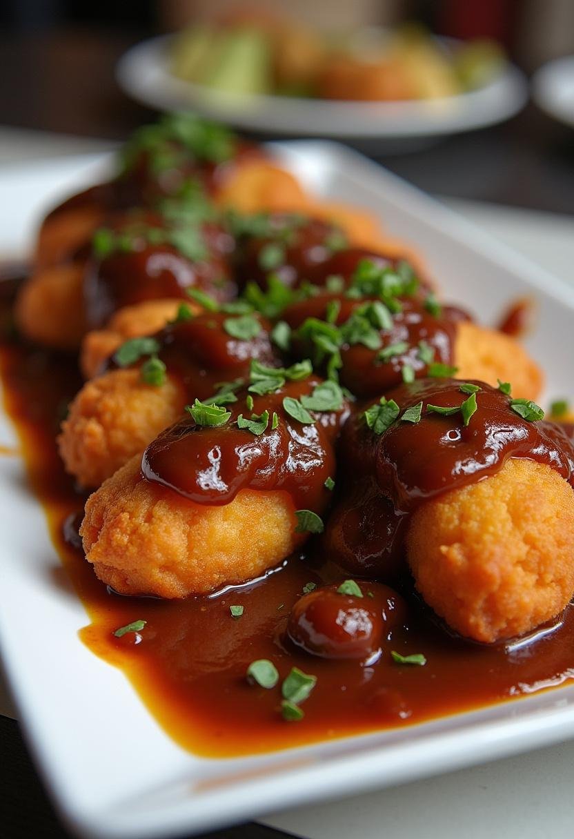 Coxinhas da asa ao molho tâmaras servidas em um prato, perfeitas para uma refeição deliciosa.