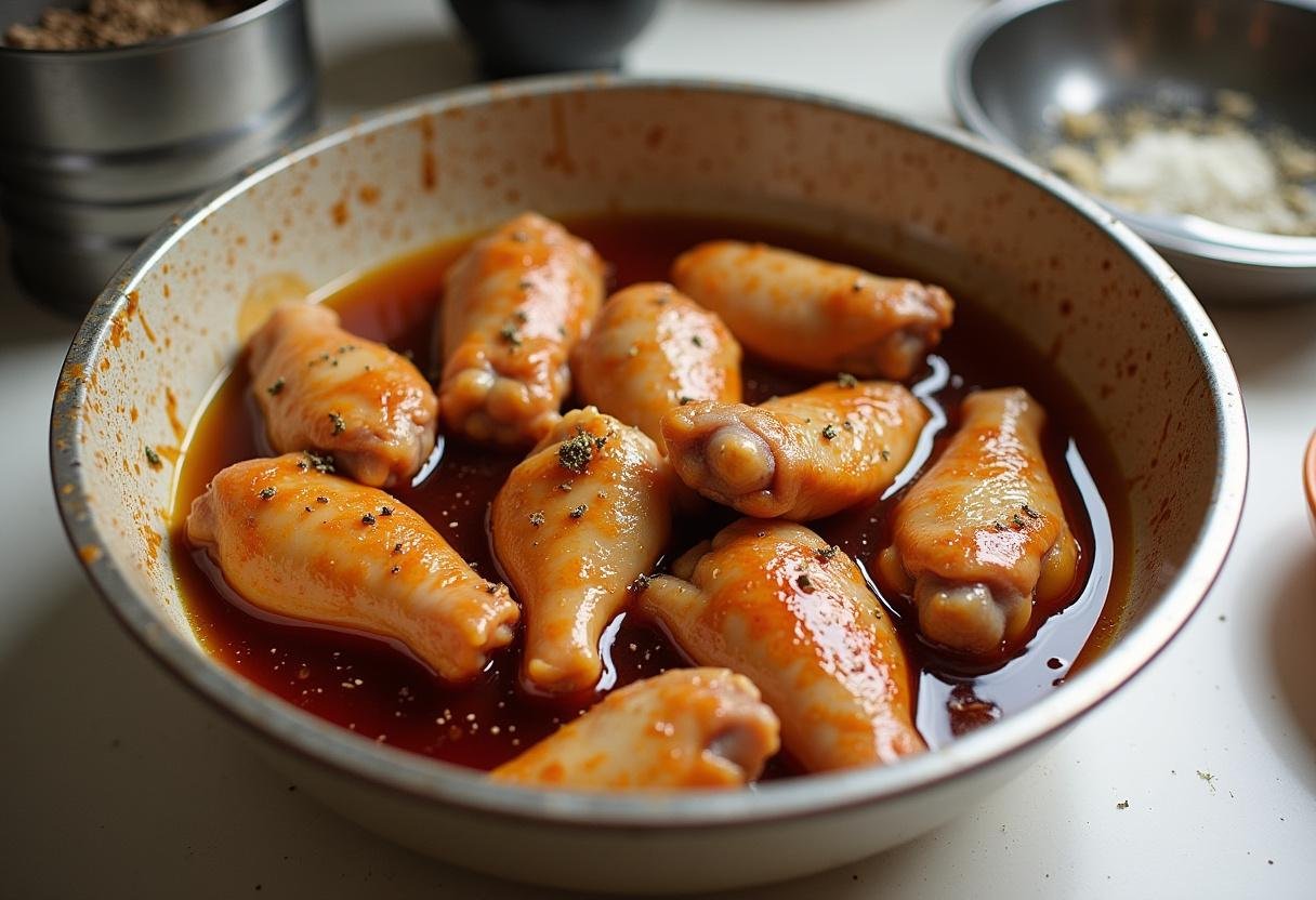 Coxinhas da asa sendo marinadas em molho de soja e alho para o prato de frango com molho tâmaras.