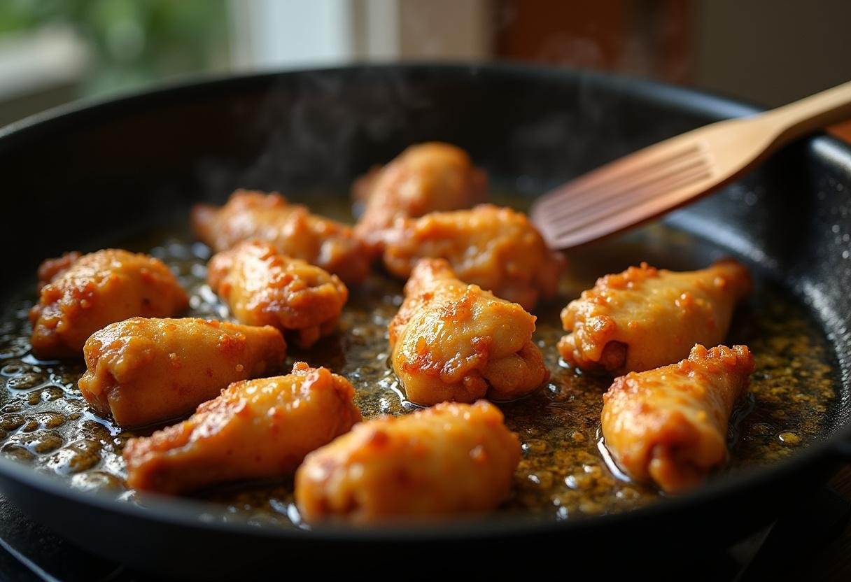 Coxinhas da asa fritando em óleo quente, mostrando a textura dourada para o molho tâmaras.