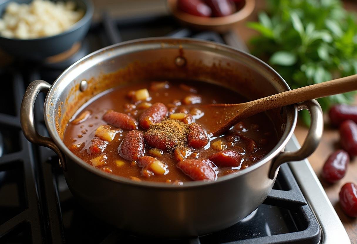 Molho de tâmaras sendo preparado em uma panela, ideal para complementar as coxinhas da asa.