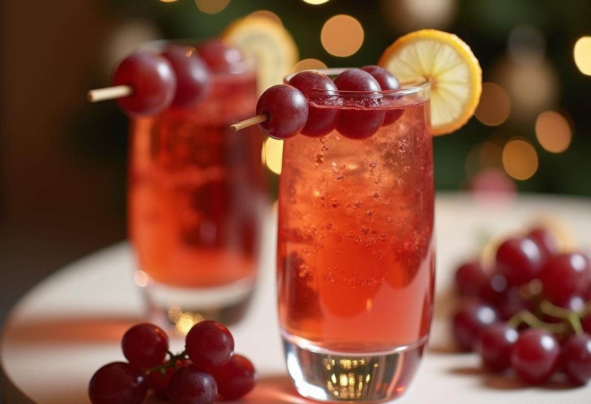 Drink de suco de uva com espumante elegantemente apresentado em uma mesa.