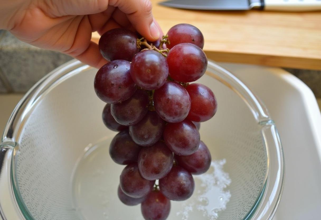 Uvas frescas sendo lavadas para preparar suco de uva com espumante.