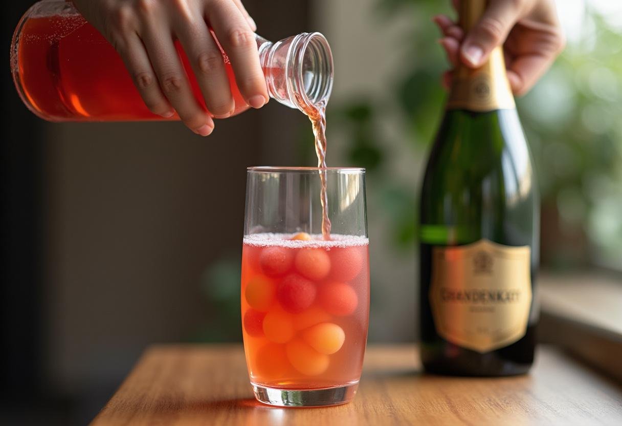 Copo sendo preenchido com suco de uva, preparado para adicionar espumante.