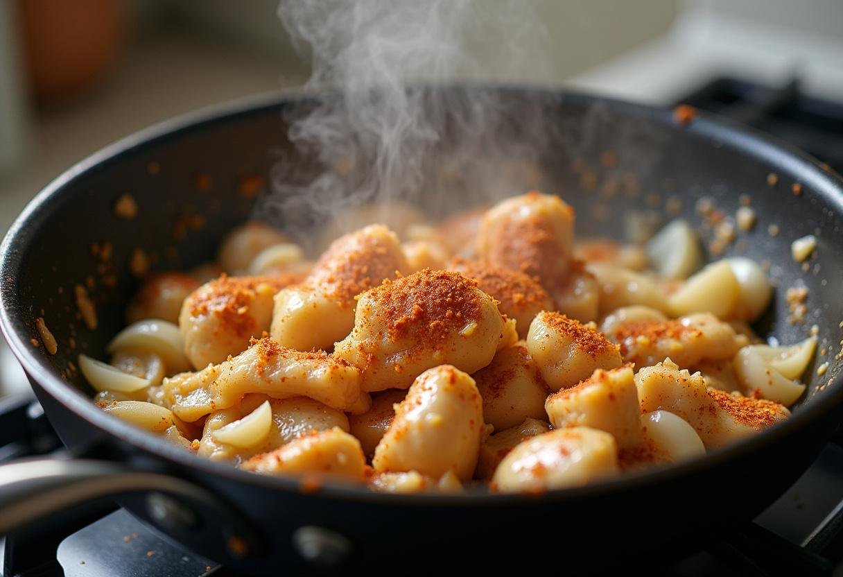 Frango e cebolas sendo refogados para o recheio das empadas de galinha caseiras.