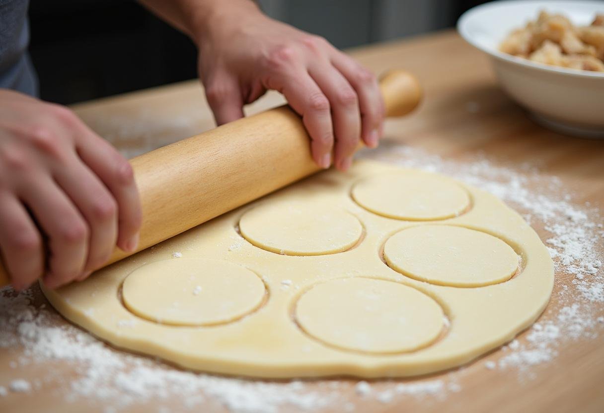 Massa de empada sendo estendida e cortada para o recheio das empadas de galinha caseiras.