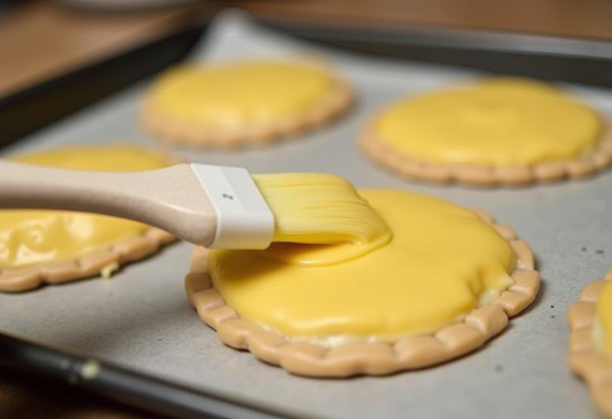 Empadas de galinha sendo preparadas para assar com ovo batido na cobertura.
