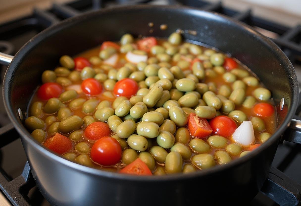 Favas, cebolas e tomates cozinhando em uma panela para Favas à Portuguesa Reconfortantes.