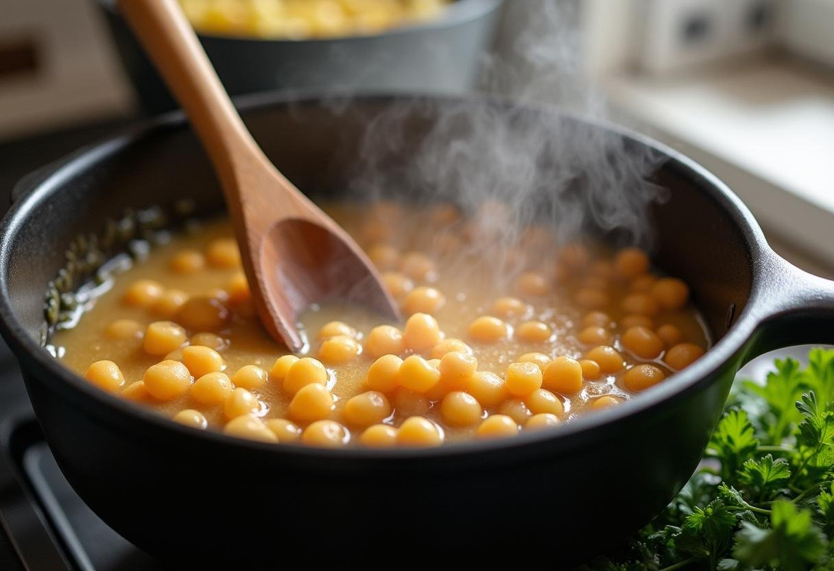 Mexendo a mistura de favas para um prato português reconfortante.