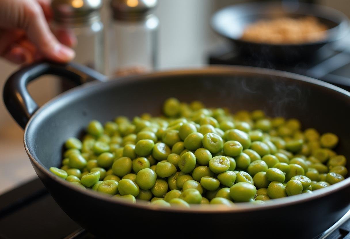 Cozinhando favas com temperos para uma refeição que aquece o coração.