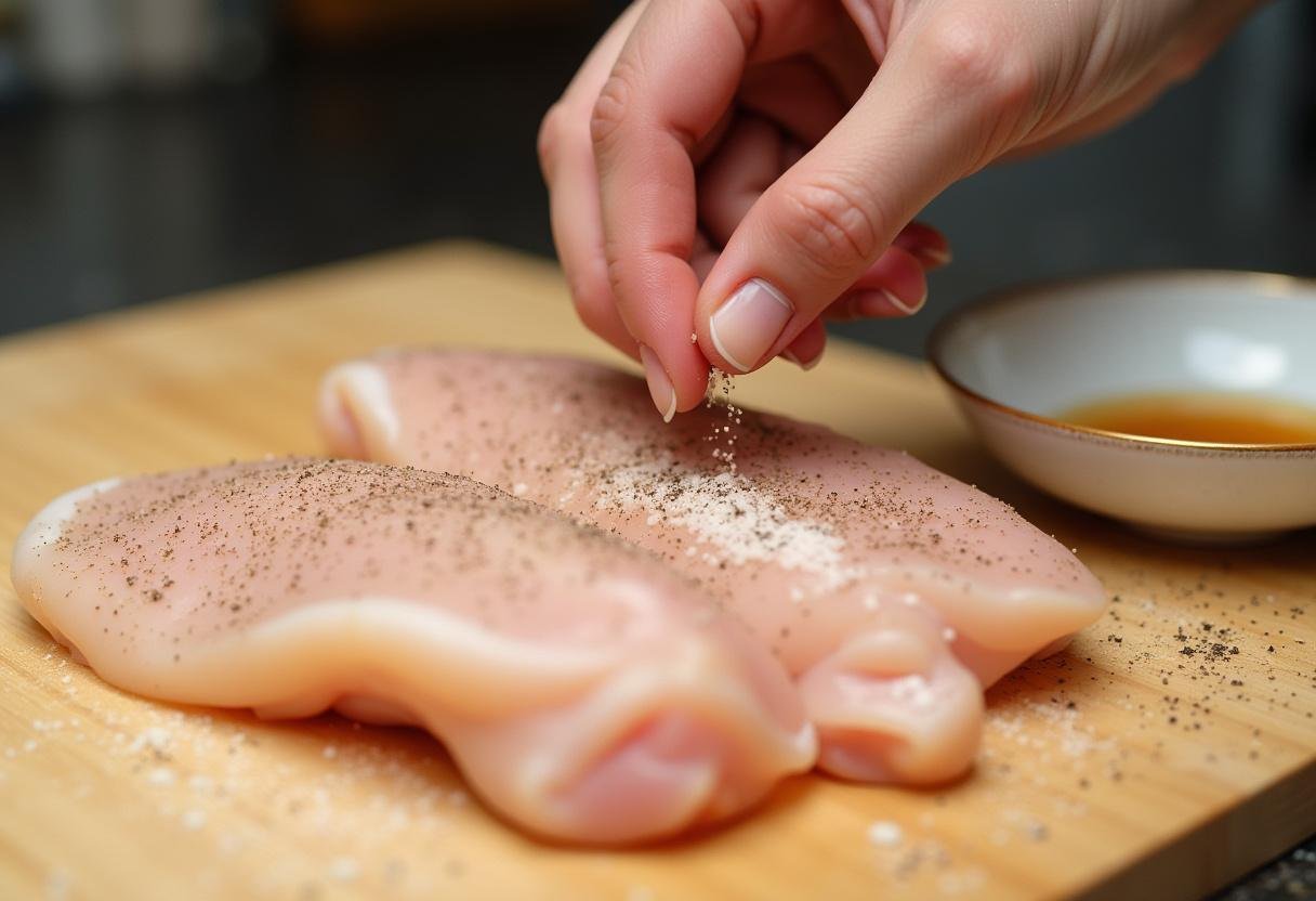 Filé de frango sendo temperado com sal e pimenta para o molho de mel e alho.