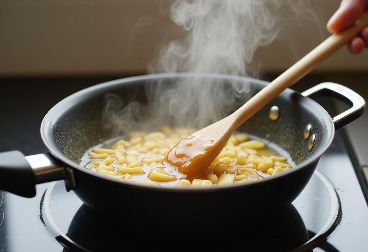 Mistura de mel e alho sendo aquecida em uma panela para o molho de filé de frango.