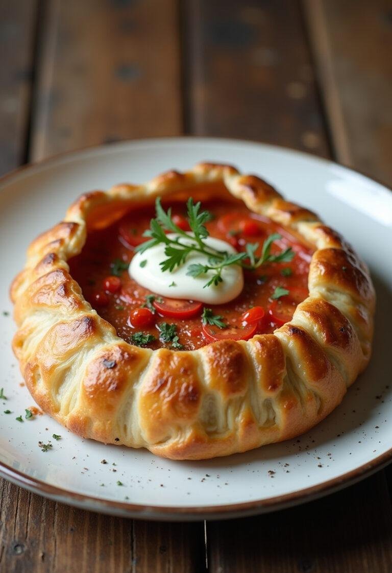 Folhado de tomate com calabresa e queijo finalizado, pronto para servir em uma mesa rústica.