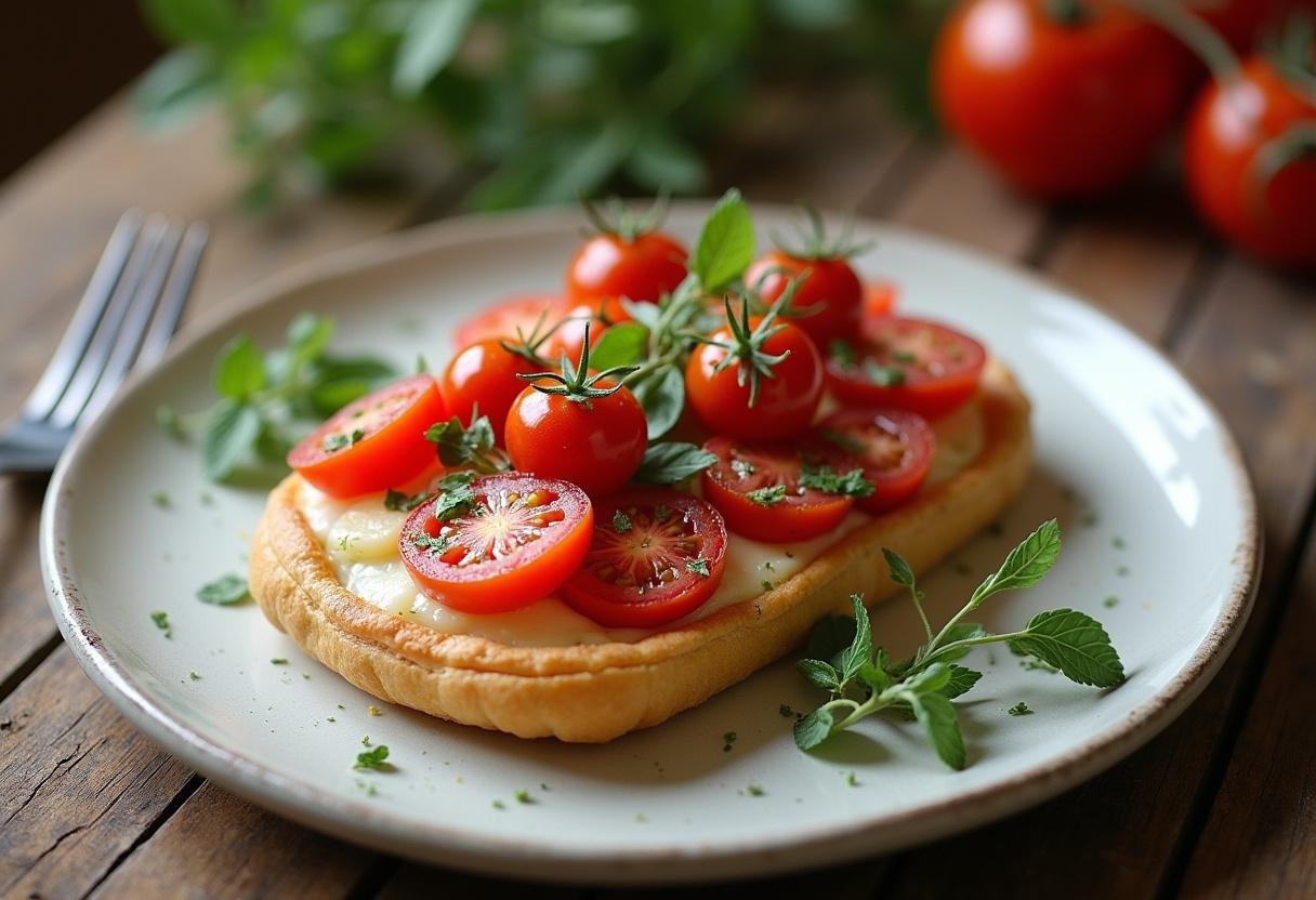 Folhado de tomate com calabresa e queijo finalizado, pronto para servir em uma mesa rústica.
