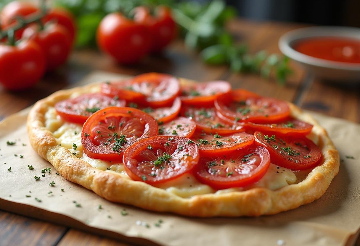 Ingredientes do folhado de tomate com calabresa e queijo sobre massa folhada.