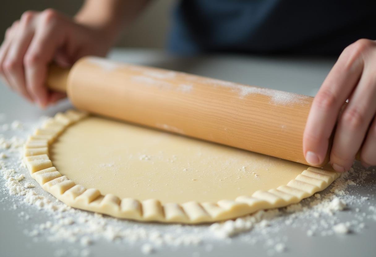 Massa folhada sendo moldada para o folhado de tomate com calabresa e queijo.