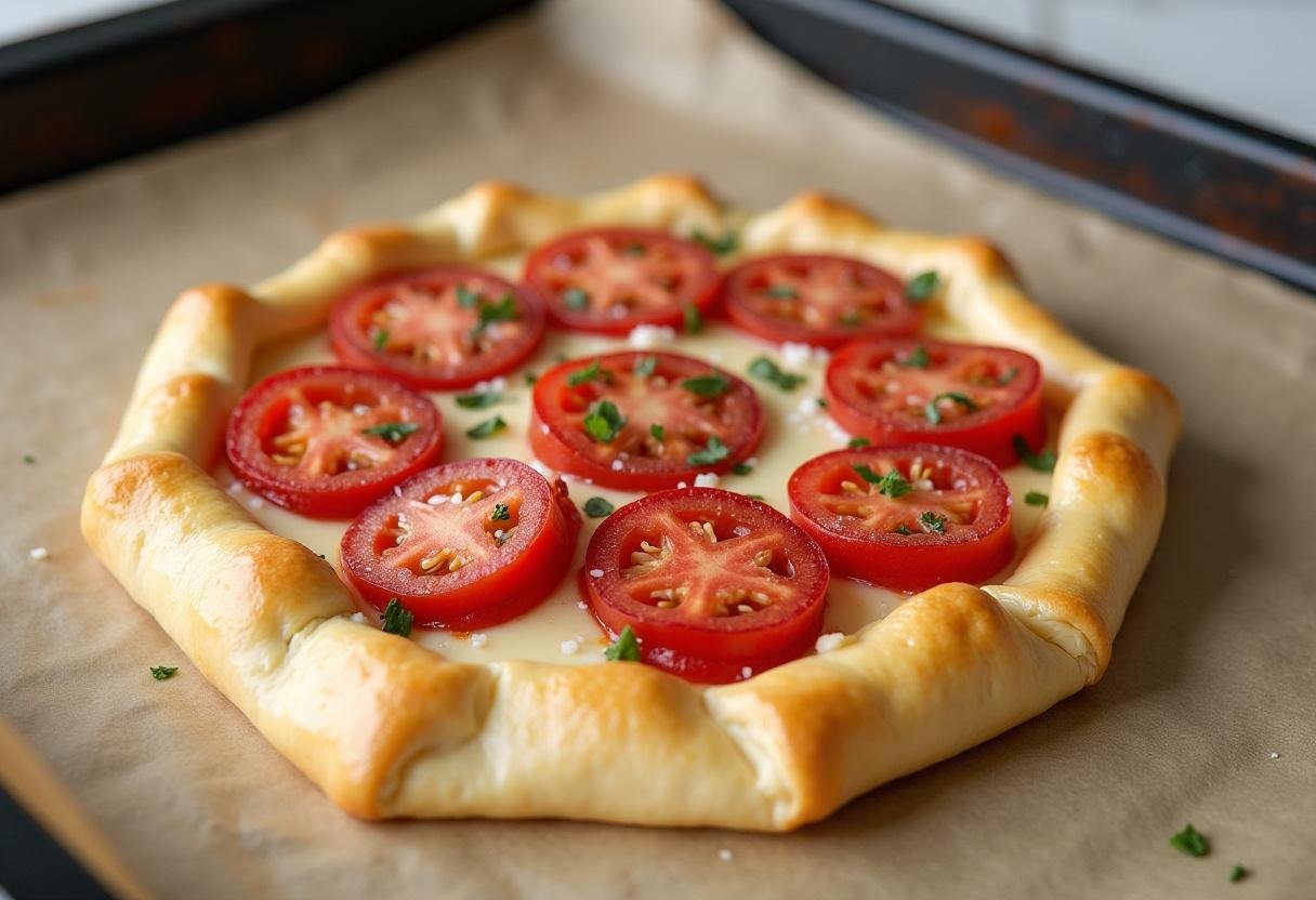Folhado de tomate com calabresa e queijo montado em uma assadeira antes de assar.