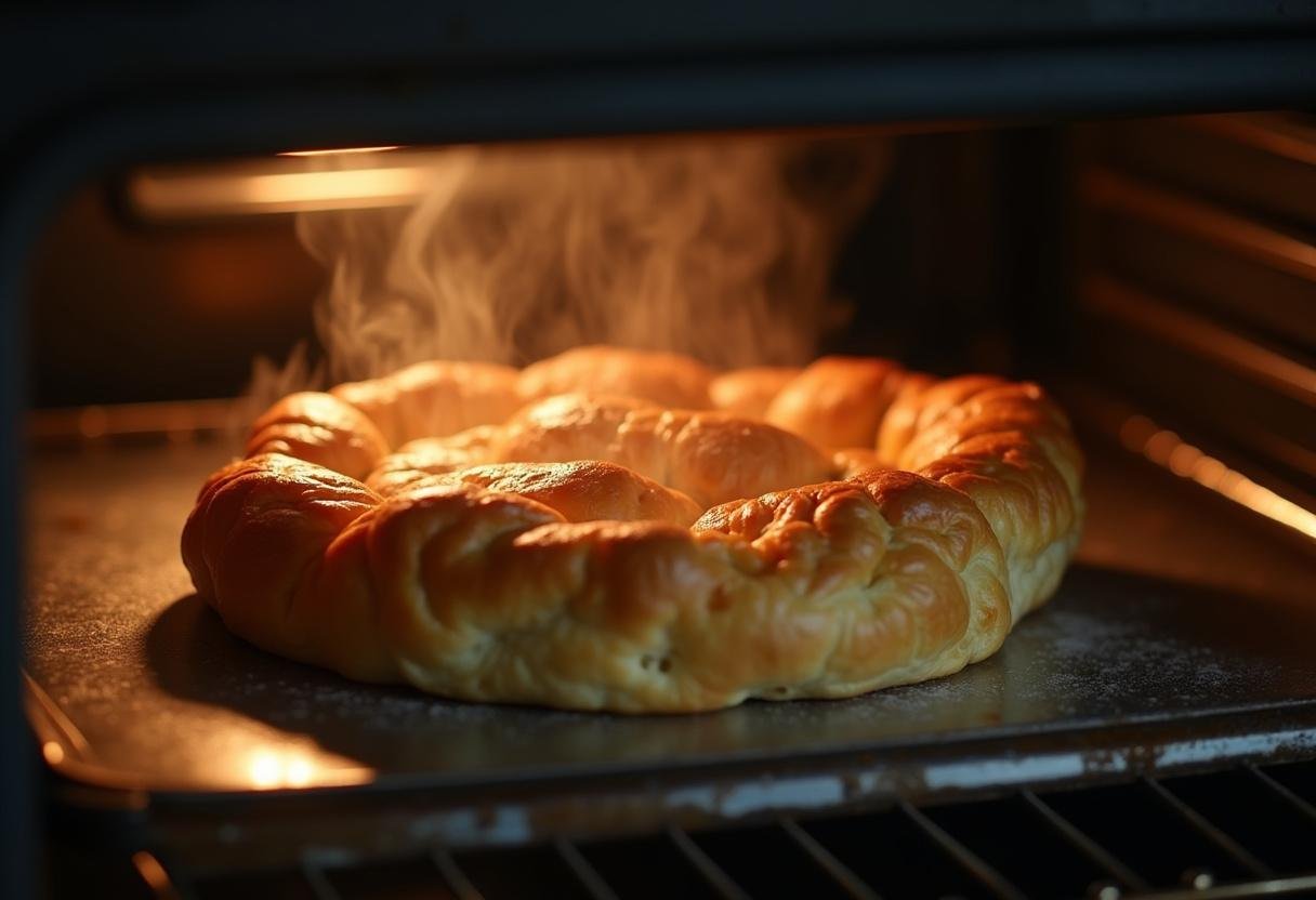 Folhado de tomate com calabresa e queijo sendo assado no forno.