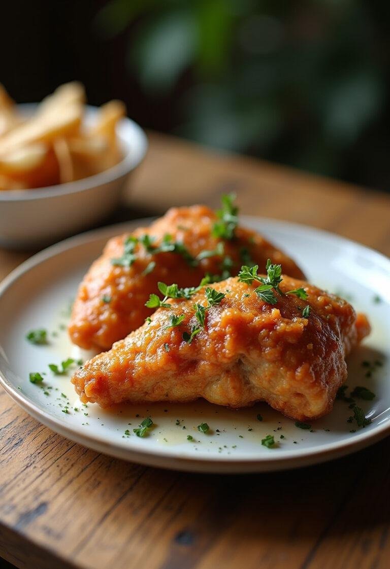 Frango frito crocante servido em um prato, pronto para ser degustado.