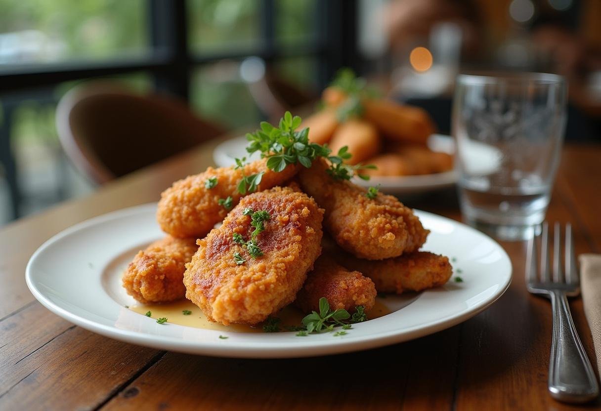 Frango frito crocante servido em um prato, pronto para ser degustado.