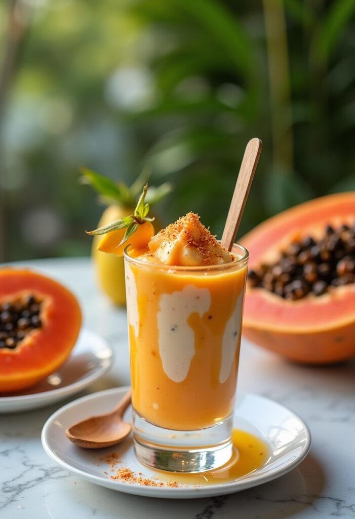 Frozen iogurte de mamão - Mel e Pimenta servido com mel e pimenta, ideal para dias quentes.