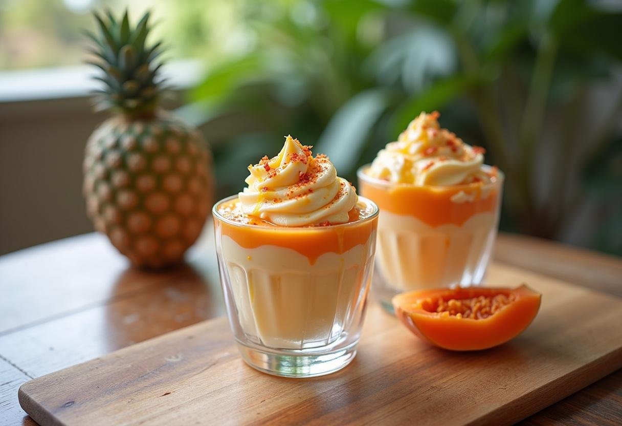 Frozen iogurte de mamão - Mel e Pimenta servido com mel e pimenta, ideal para dias quentes.