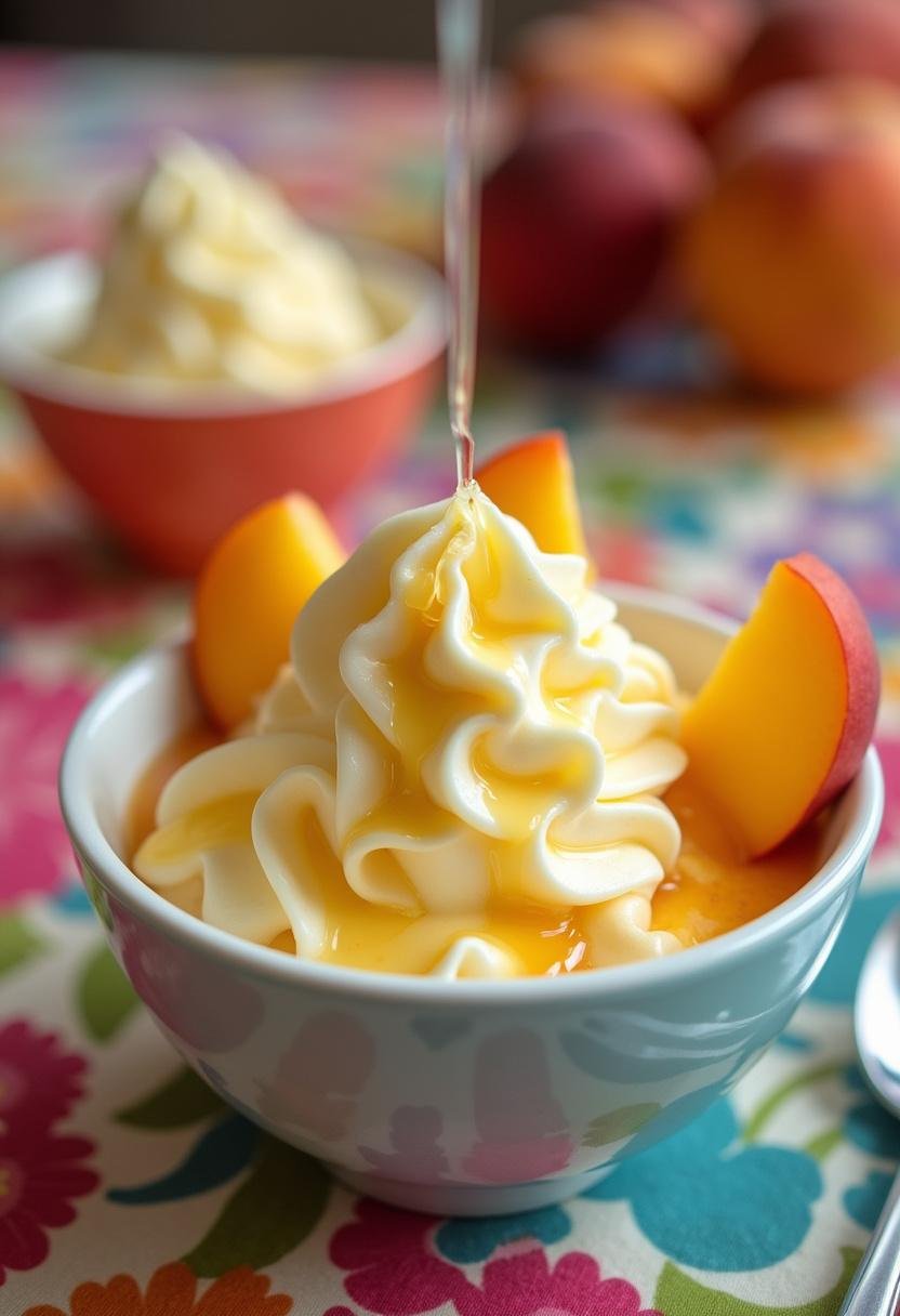 Iogurte congelado de pêssego com fatias de pêssego e mel, um lanche saudável e refrescante.