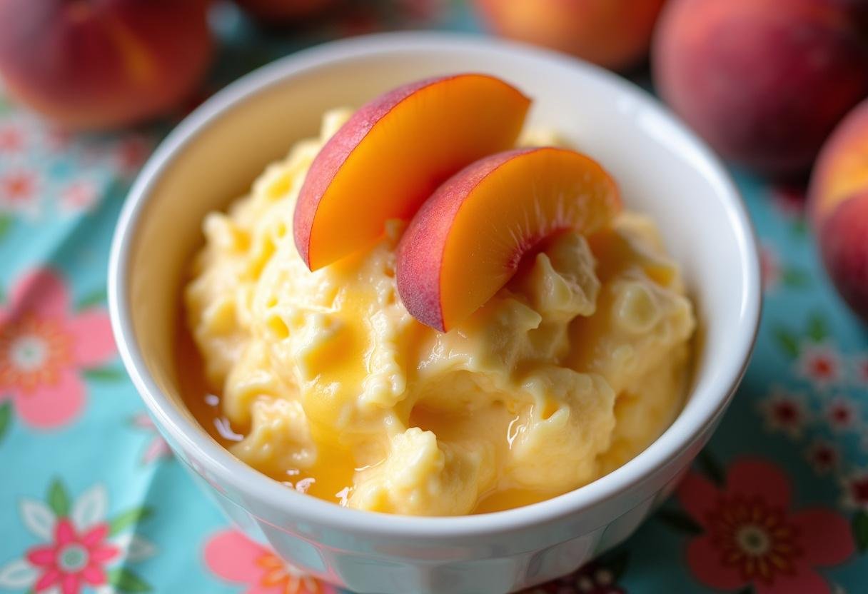 Iogurte congelado de pêssego com fatias de pêssego e mel, um lanche saudável e refrescante.