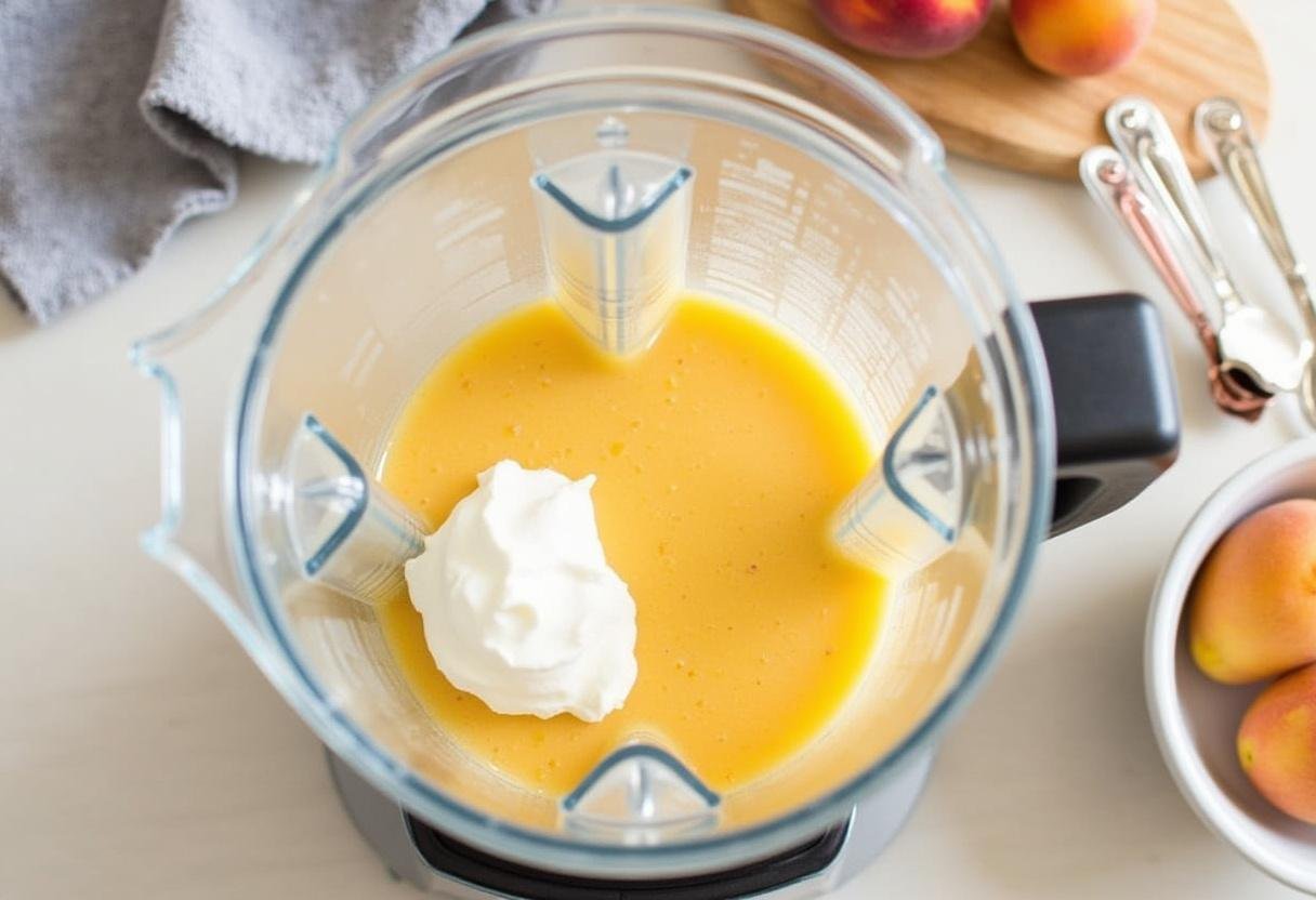 Mistura de pêssego, iogurte e mel sendo batida para o frozen yogurt de pêssego saudável.