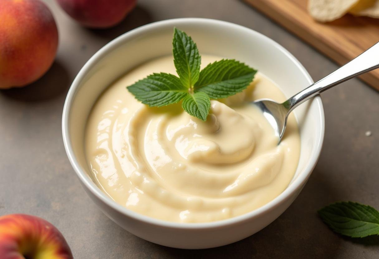 Mistura de frozen yogurt de pêssego saudável em uma tigela, preparada para congelar.