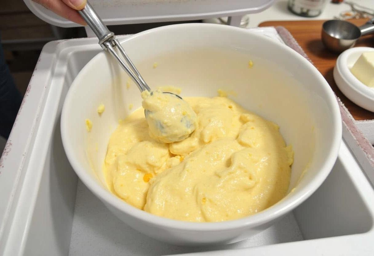 Tigela de mistura de frozen yogurt sendo colocada no congelador para a receita saudável.