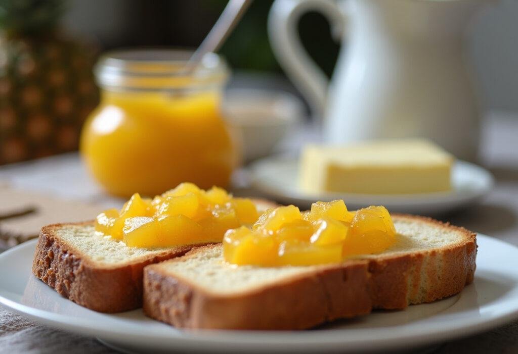 Geleia caseira de abacaxi com manga servida com torradas para um café da manhã delicioso.