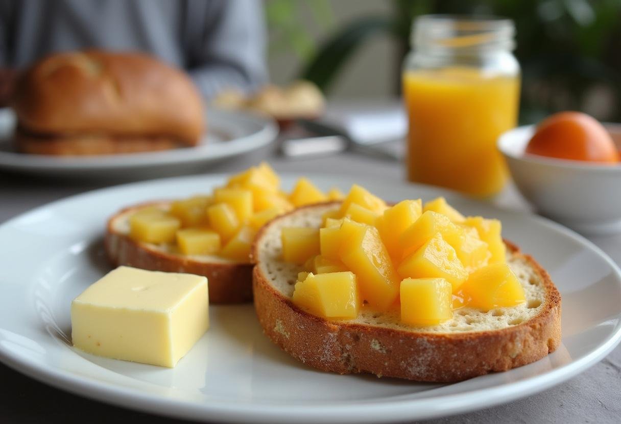 Geleia caseira de abacaxi com manga servida com torradas para um café da manhã delicioso.