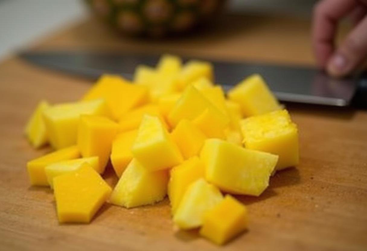 Pedaços frescos de abacaxi e manga sendo picados para fazer geleia de abacaxi com manga.