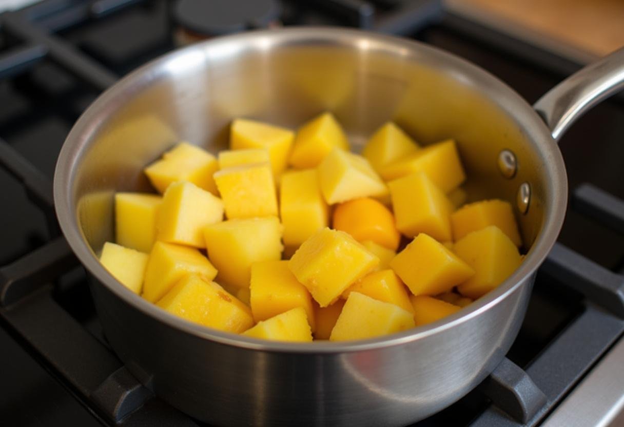 Abacaxi e manga picados cozinhando em uma panela para geleia de abacaxi com manga.