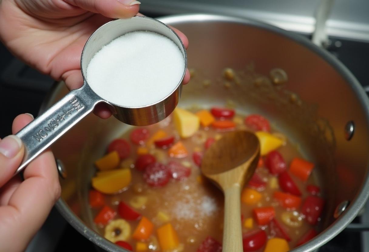 Mistura de frutas sendo mexida com açúcar para geleia de abacaxi com manga.