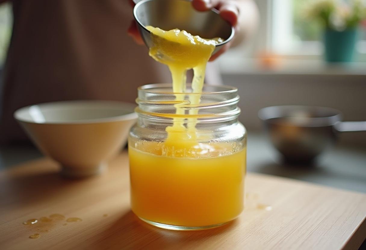 Pote sendo preenchido com geleia quente de abacaxi com manga.