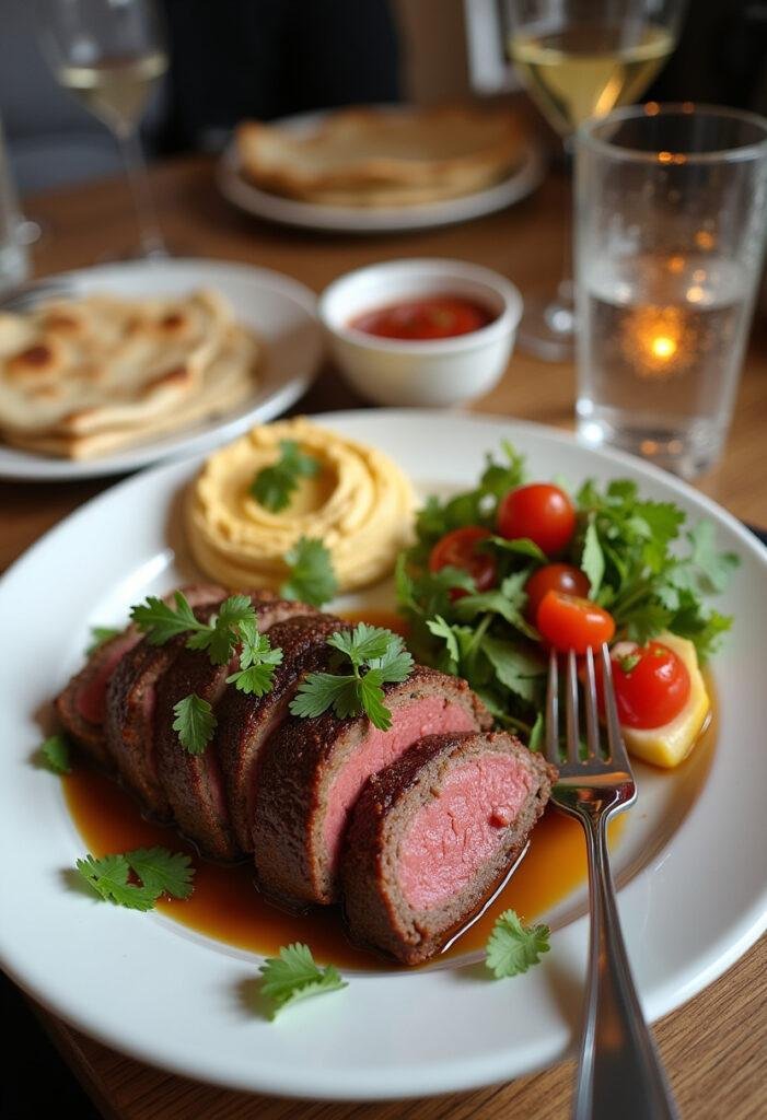 Prato de kafta servido com pão sírio e hummus, ideal para uma refeição deliciosa.