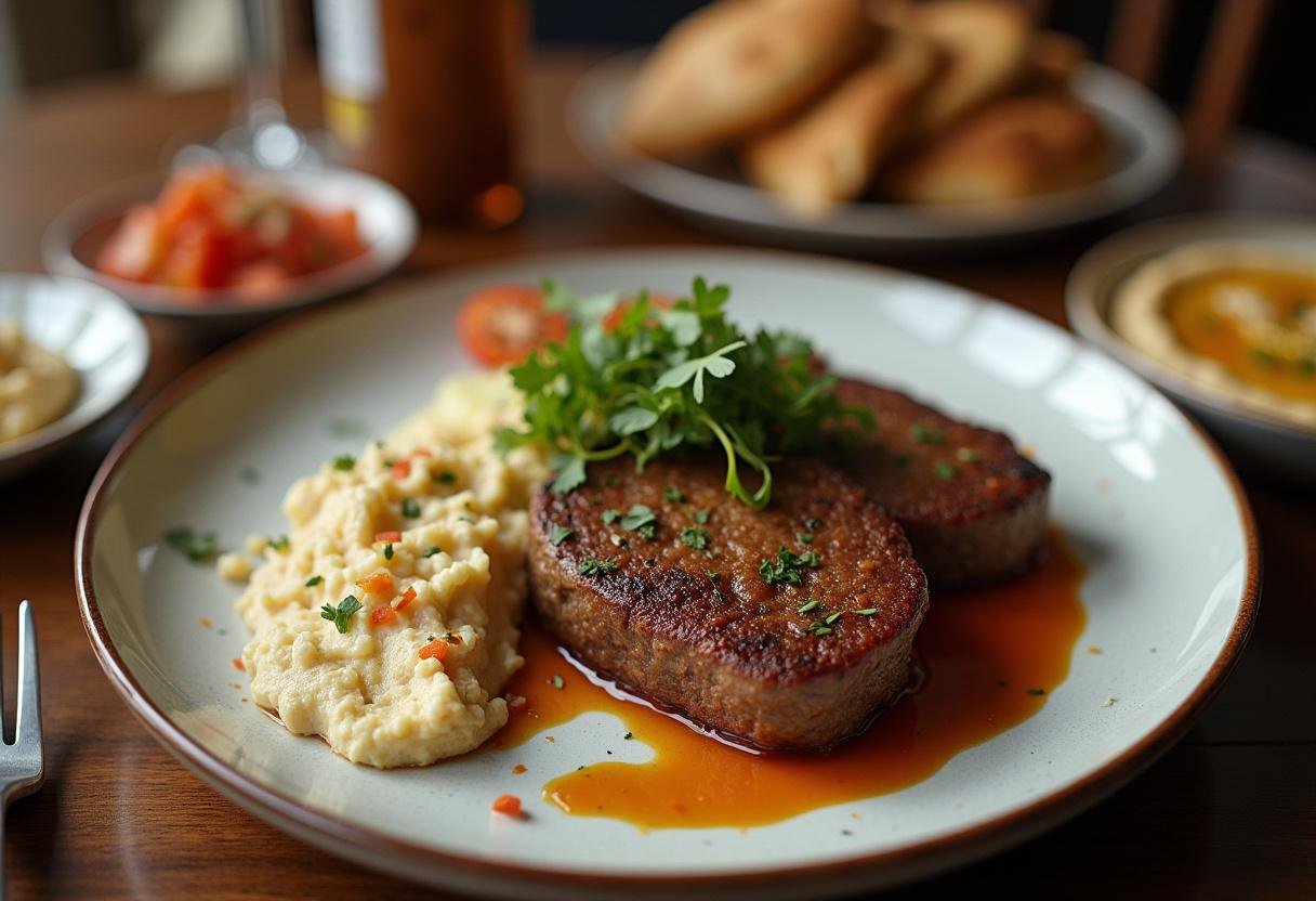 Prato de kafta servido com pão sírio e hummus, ideal para uma refeição deliciosa.