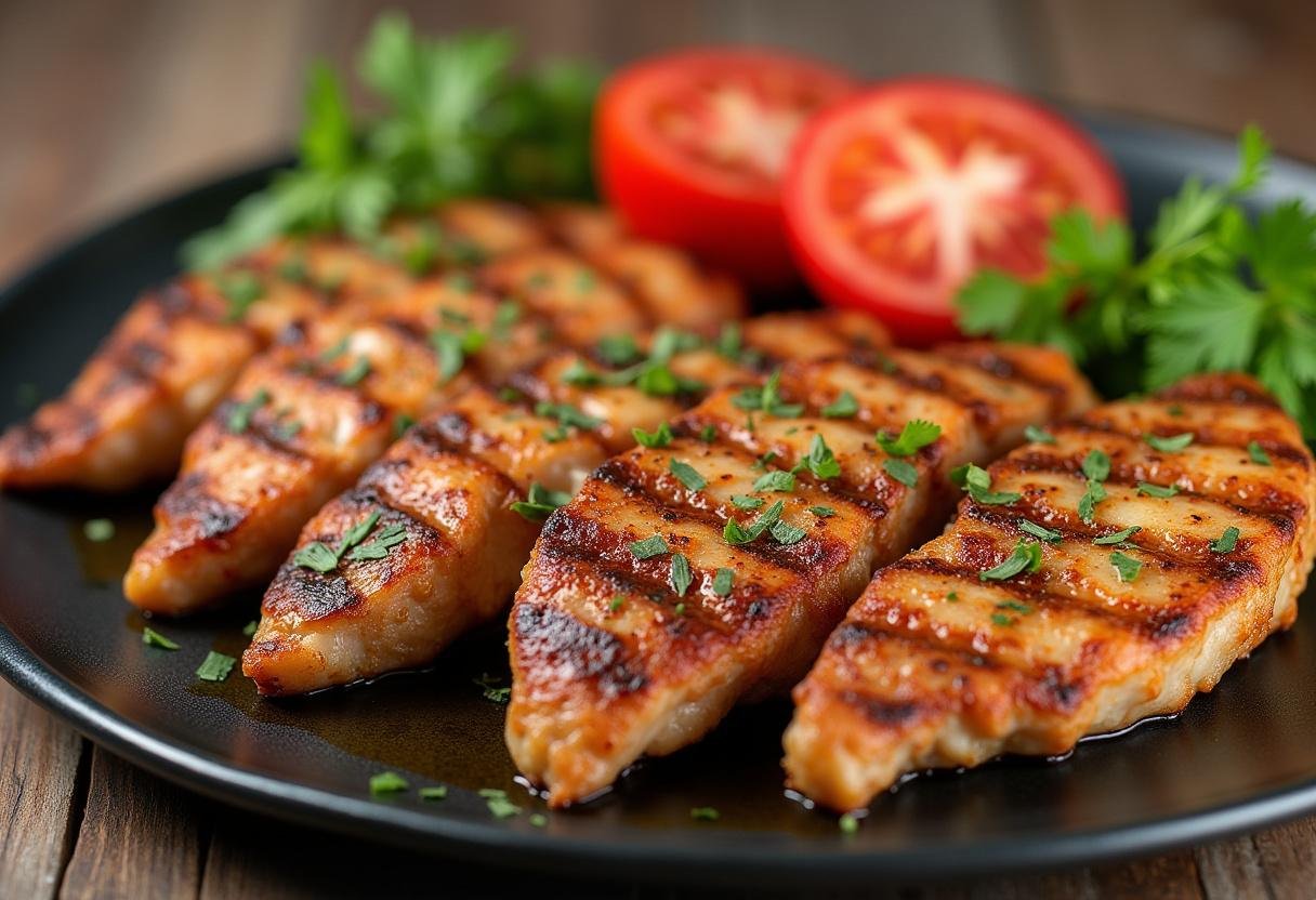 Kaftas grelhadas exibidas em uma travessa, prontas para servir.