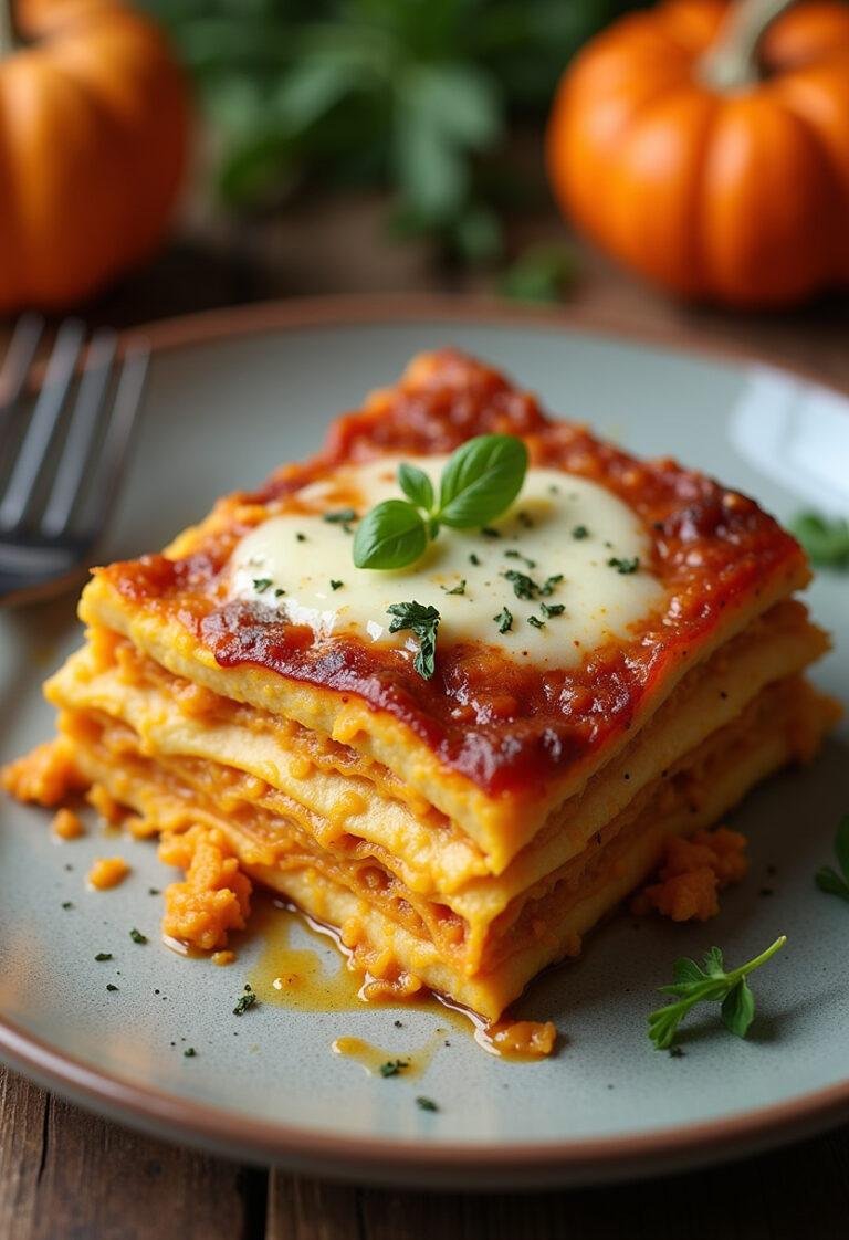 Lasanha de abóbora com ricota e nozes apresentada em uma mesa rústica, perfeita para um jantar.